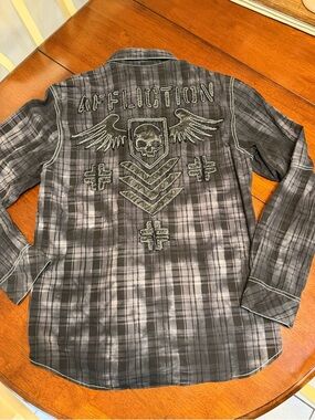 Affliction Black Premium Shirt Mens XL Skull Button Up Biker Embellished Y2K